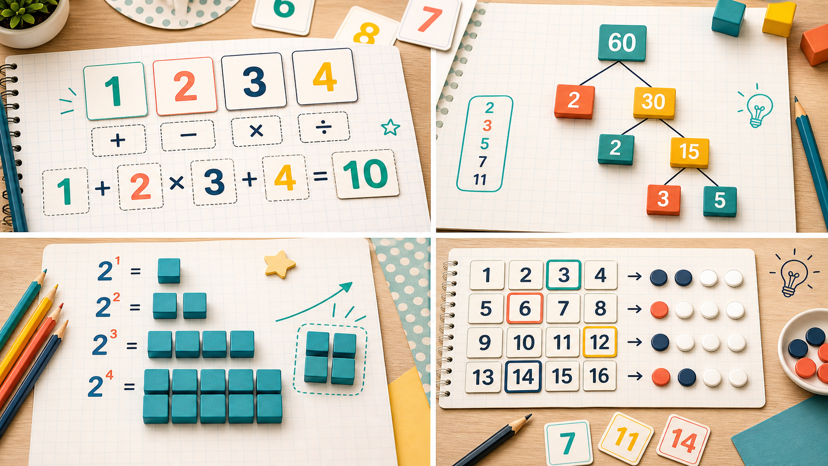 メイク10、素因数分解、べき乗、数字推理を表す算数ゲームのイメージ