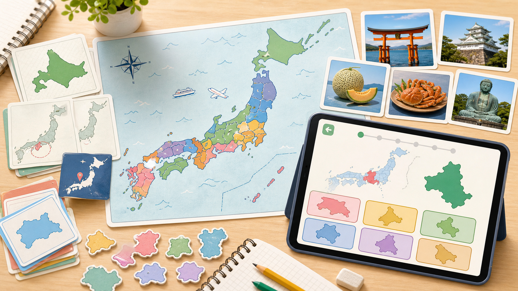 日本地図、都道府県カード、名所や特産品カードを使った社会クイズのイメージ